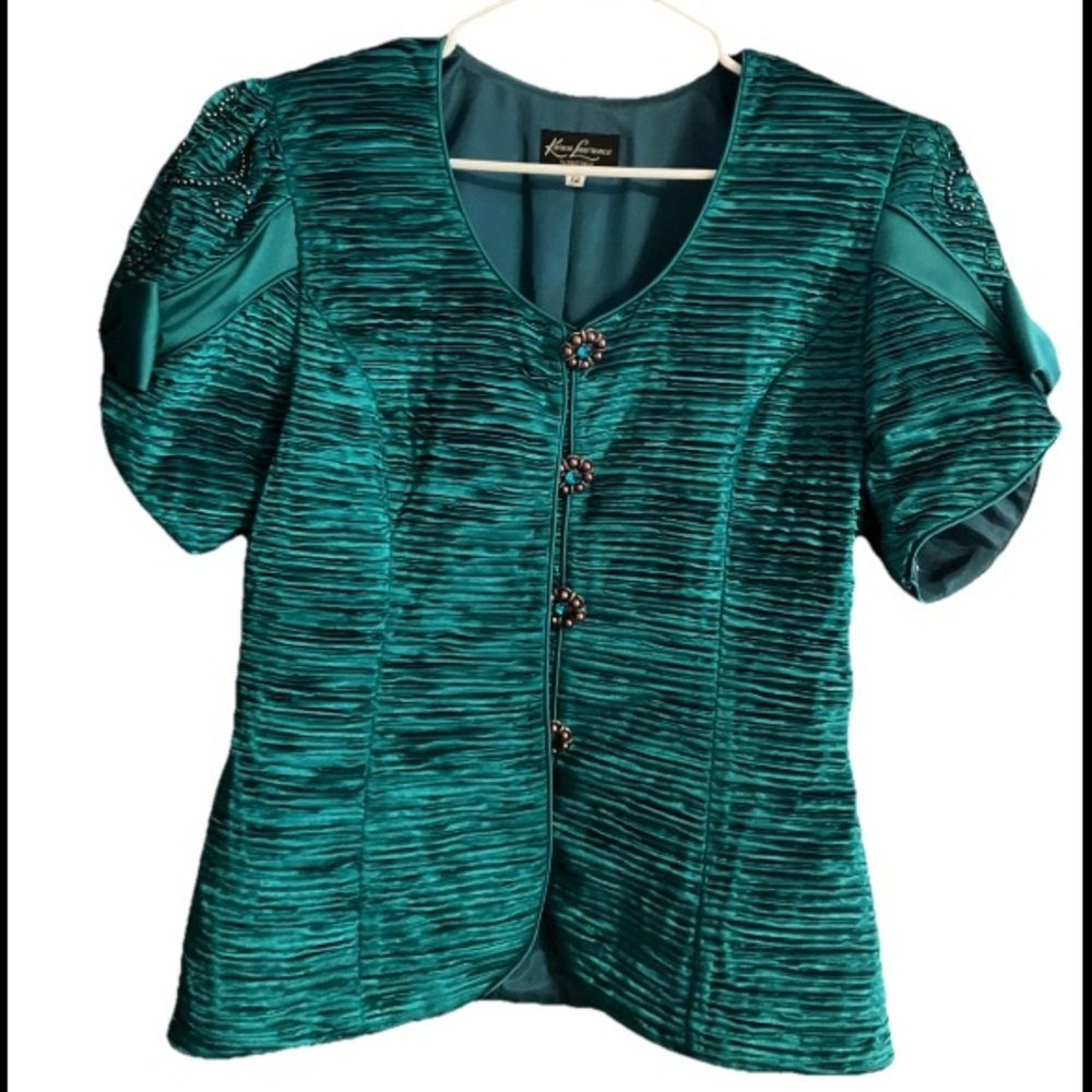 Karen Lawrence Dress Ruched Jacket W/Pearl Buttons Snap Closure Puff Sleeves 12